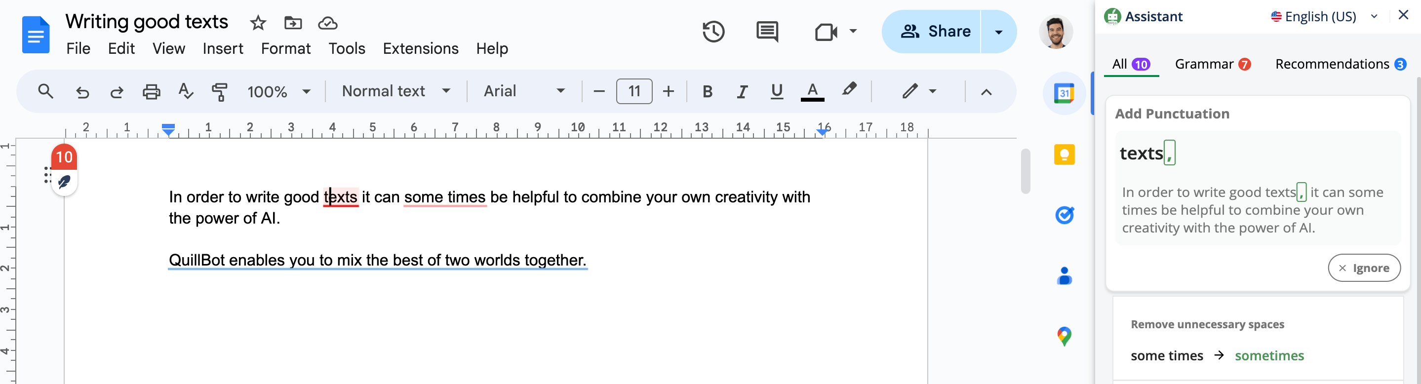 QuillBot grammar checker example