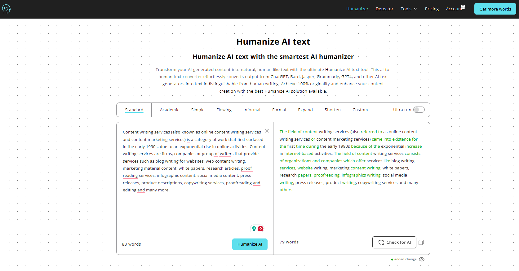 Screenshot of Humanizer.org tool